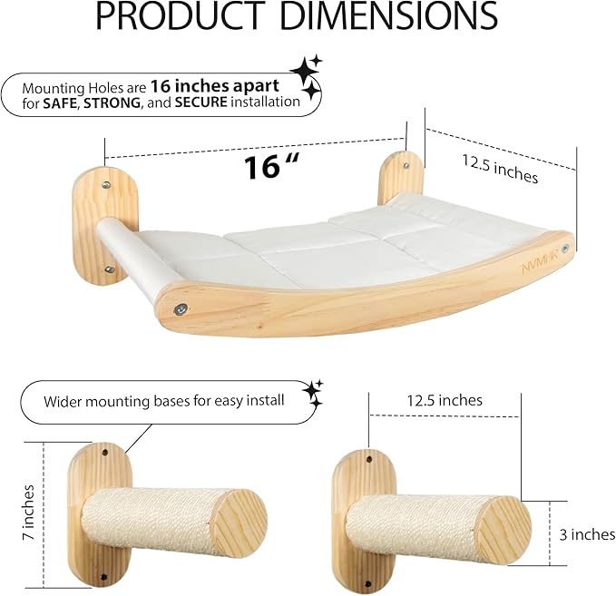 NVMBR Cat Shelves Hammock Lounge with Sisal Stairs Set, 16 inch Stud Design, Easy Install Mounts, Holds up to 33 lbs Climber Indoor Perches for Walls, Furniture and Beds