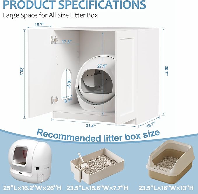 BEWISHOME Tall Litter Box Enclosure, Simple Hidden Litter Box Furniture with Removable Divider, Fit Most of Cat Litter Robot Indoor Pet House as Sideboard Cabinet White CMW12W