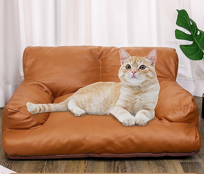 Pet Sofa Bed, Vintage Cat Dog Faux Leather Sofa with Non-Slip Bottom for Dogs Cats (Brown, Medium)