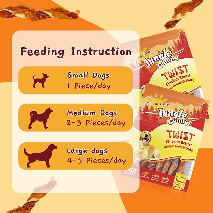 Jungle Calling Dog Treats, Natural Chicken Wrapped Rawhide Sticks, Grain-Free Training Rewards Chews for Small and Medium Puppy,10.6oz