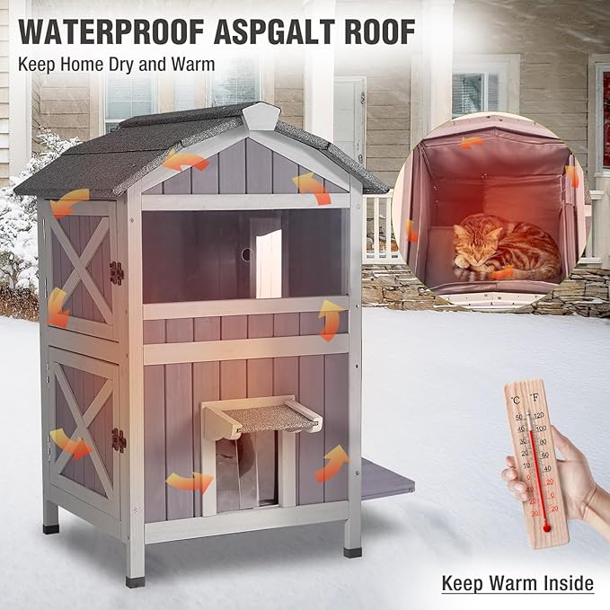 Insulated Cat House Outdoor Two-Story Feral Cat House with Escape Door and Two Large Side Door, Weatherproof Kitty Shelter with All-Round Insulated Liner for Outside