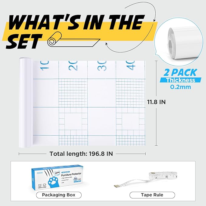 OBSEDE Cat Scratch Furniture Protector (2 Rolls, 11.8"x196.8") – Thick 0.2mm Clear Guard, Deterrent Training Tape for Couch, Sofa, Wood, Cut-to-Fit, Residue-Free