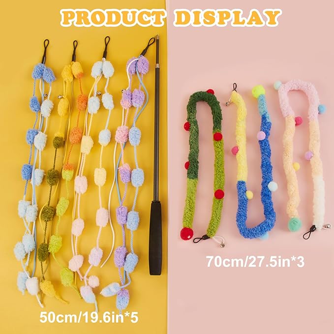 Cat Wand Toy, 8Pcs Retractable Plush Srtip Cat Teaser Wand Toys with Bell & String, Long Interactive Wand Toys for Indoor Kitten, Exercise