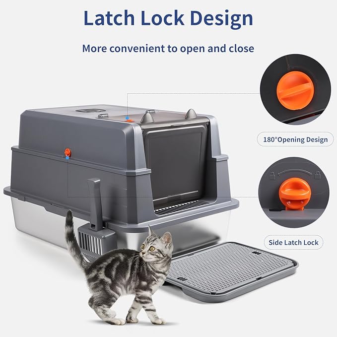 XXXL Stainless Steel Litter Box with Lid, Extra Large 28" L x 20" W x 17" H Enclosed Metal Cat Litter Box with Litter Scoop & Foot Pedal, Odor Control, Easy Cleaning for Big Cats (Dark Grey)