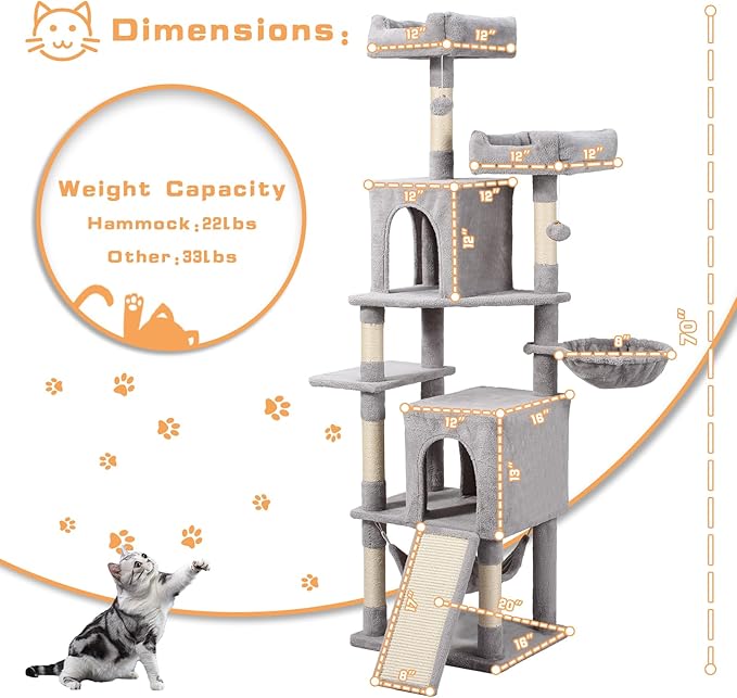 Cat Tree, 70-Inch Cat Tree Tower with Hammock, Scratching Post, Condo and Multi-Level Cat Tower, Large Cat Activity Center Playhouse, Light Gray LCT015