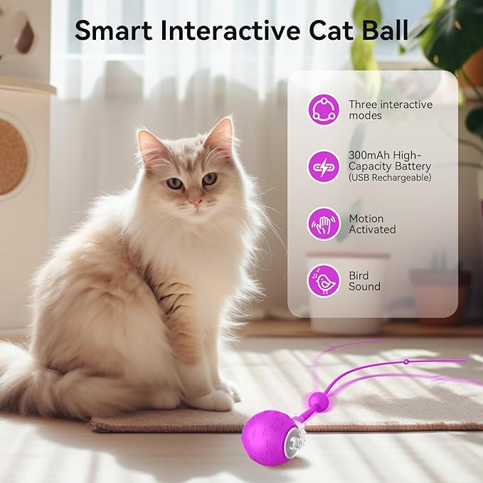 Interactive Cat Toys Ball for Indoor Cats,Automatic Kitten Toys for Bored Indoor Adult Cats,Motion Activated,USB Rechargeable(Purple)