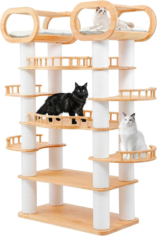 77" Tall Large Cat Tree,Solid Pine Wood Multi-Level Modern Cat Tower with Sisal Scratching Posts,Cat Condo and Removable Washable Cushions,Luxury Huge Cat House for Indoor Cats Large Adult