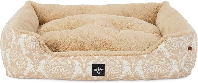 Nicole Miller New York PET Mod Damask Plushy Bolster Pet Bed, Cozy & Calming, Non-Slip Bottom, Machine Washable Cover, Taupe, Extra Small 19"x15"x6"