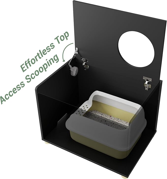 Top Entry Litter Box Enclosure, Modern Flip Top Litter Box Furniture with Cat Scratch Mat, Side Table (Black)