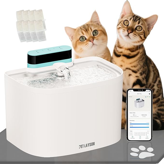 PET LAYSON Pumpless Cat Water Fountain,App Remote Control Smart Cordless Battery Operated 3.6L/122oz Wireless 2.4GHz Wi-Fi Networks Rechargeable Water Dispenser (White, M1Pro-8 Filter)