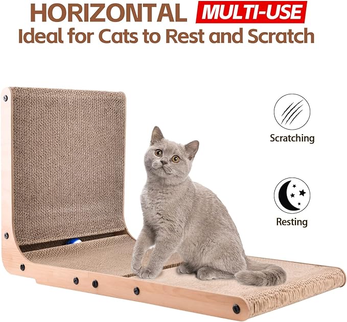 AUSCAT Cardboard Cat Scratcher, Vertical Cat Scratchers for Indoor Cats, 27.2 Inch L-Shape Cat Scratch Pad with Two Build-in Toy Balls