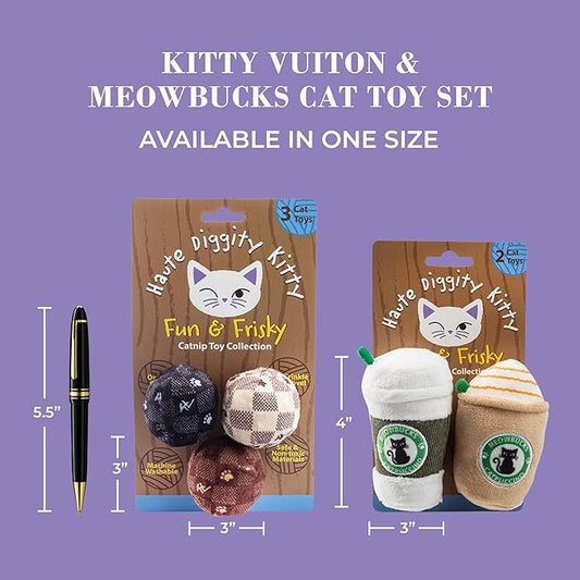 Vuiton Checker Balls + Meowbucks Catpuccino Set, Plush Cat Toys Catnip Filled with Interactive Crackle Sound, Safe & Durable Toys for Cat & Kitten, 5 Pcs