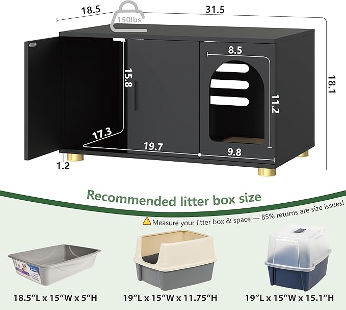 Cat Litter Box Enclosure Furniture, Modern Stackable Litter Box Cabinet with Cat Scratch Mat, Side Table (Black)