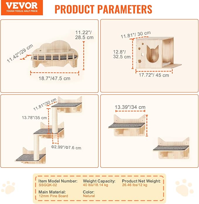 VEVOR Wall Mounted Cat Shelves, Wall Shelves and Perches with Jumping Boards, Nest, Barrier Board & Cat Tree, Cat Floating Furniture up to 40 lbs for Sleeping, Playing, Climbing, Set of 5