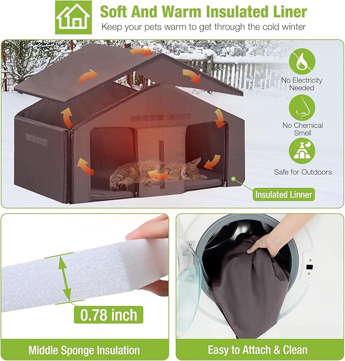 GUTINNEEN Outdoor Cat House Insulated Feral Cat Sheter for Winter with Insulated Liner and Large Porch
