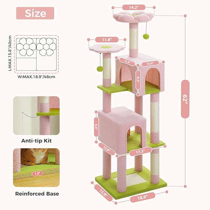 PAWZ Road Pink Flower Cat Tree Tower 62 Inches Cat Tree with 2 Condos,2 Flower Perches,4 Scratching Posts & 1 Scratching Board, and 2 Hanging Balls for Indoor Cats
