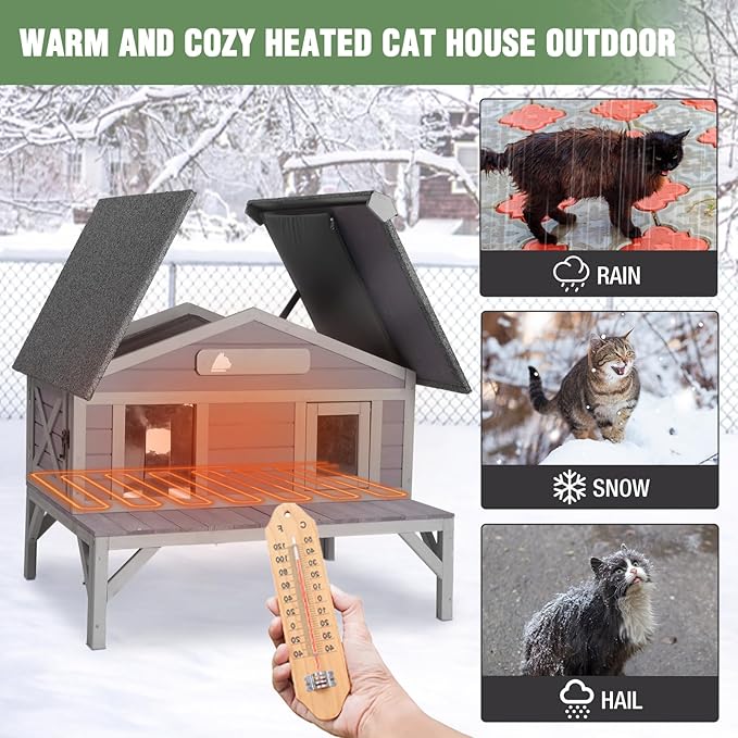 Outdoor Heated Cat House with Insulated Liner, Feral Cat Shelter for Cold Weather Protection, Kitty Home with Waterproof Roof, Raised Leg and Large Porch