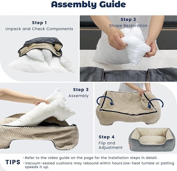 Miguel Removable Washable Dog Bed for Medium Dog Easy Clean - Rectangle Pet Bed for Large Cats with Zipper Cover Bolster Cuddle Puppy Bed with Supportive Side Wall Slip-Resistant Bottom, Khaki 35 Inch