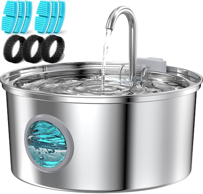Cat Water Fountain Stainless Steel: Cat Fountain for Drinking - 108oz/3.2L Pet Water Fountain for Cats Indoor - Quiet Water Fountain for Cats - Faucet Pet Fountain - Contains 6 Filters + 3 Sponges