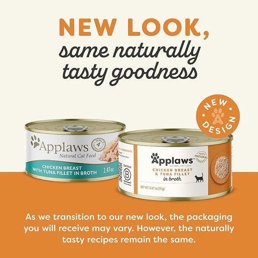 Applaws Natural Wet Cat Food in Broth, Limited Ingredient Canned Wet Cat Food, No Additives, Made with Natural Ingredients, Chicken Breast & Tuna Fillet in Broth (24 x 2.47oz Cans)