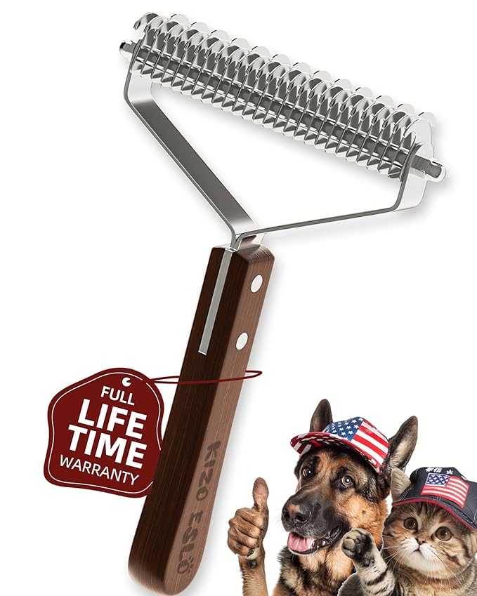 Extra Large 2-Sided Undercoat Rake for Dogs & Cats, Dog Brush for Shedding Remove Mats, Dematting Comb, Safe&Gentle Grooming Brush for German Shepherds Medium to Long-Haired Pets,Premium Wooden Handle