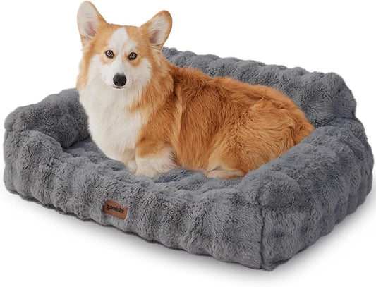 Dog Couch Bed - Fluffy Dog Sofa, Large Orthopedic Pet Sofa Bed with Removable Washable Cover, Faux Fur Calming Cute Pet Couch with Supportive Egg Foam and Non-Slip Bottom, Grey