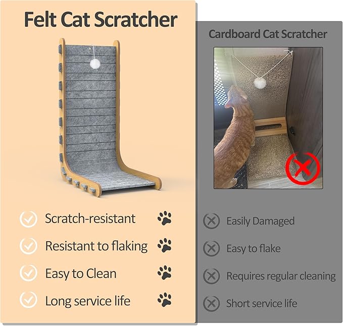 Felt Cat Scratcher for Indoor Cats, 26.8 Inches L Shape Scratching Board Vertical Cat Scratch Post with Fluffy Ball Hanging, Scratch Resistant Felt Cat Scratching Pad, Large