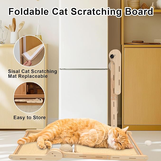 L Shaped Cat Scratching Post, 23.2" Tall Sisal & Wooden Base Cat Scratcher Board for Indoor Cats, Sturdy Vertical Cats Scratching Pad Protects Furniture