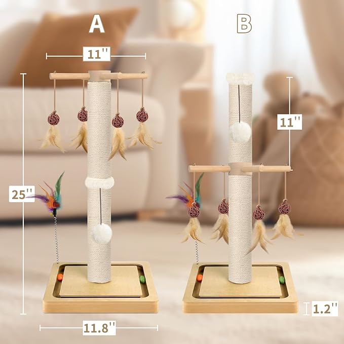 Cat Scratching Post, Sisal, Scratcher Tree Tower for Indoor Cats Adults with Hanging and Ball Track, 2 Mounting Methods Interactive Furniture Toys for Kitten, 25 Inches