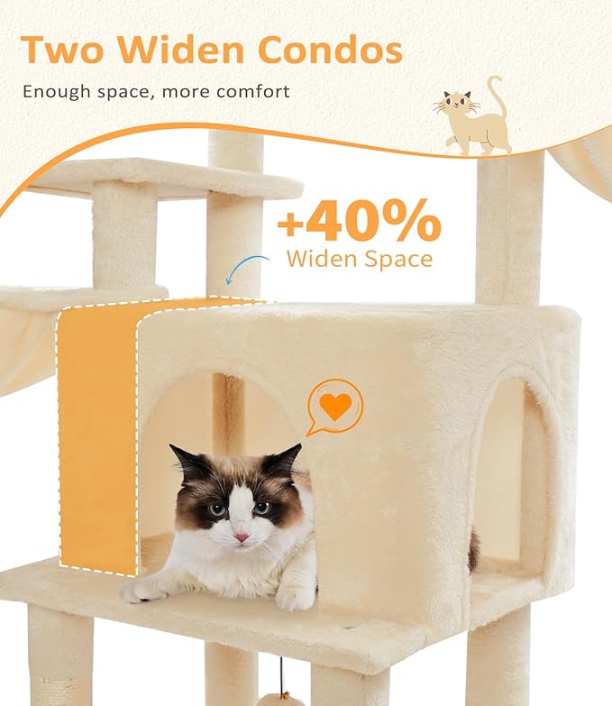 Cat Tree Large Cat Tower Tree 68" Multi-Level Cat Tower for Indoor Cats with Sisal Scratching Posts, Widen Cat Perche, Square Hammock, 2 Widen Condos, Scratching Posts, Beige