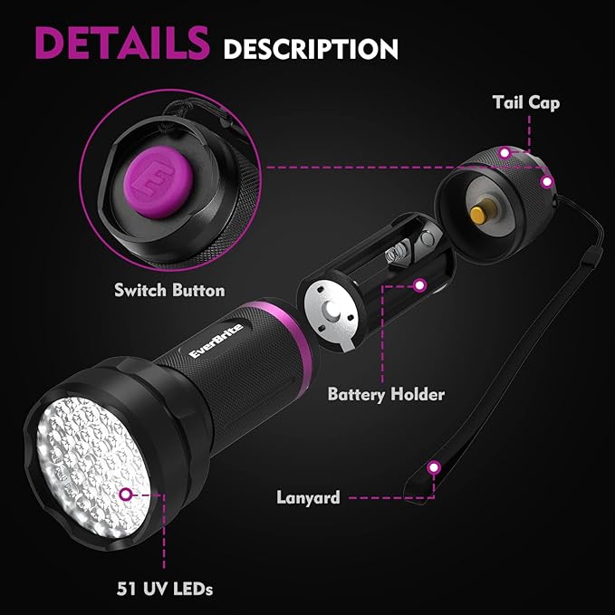 EverBrite UV Flashlight, 51 LED Blacklight Flashlights, 395nm Black Light Flashlight for Pet Urine Detection, Scorpions, Dry Stains, Bed Bug (Batteries Included)