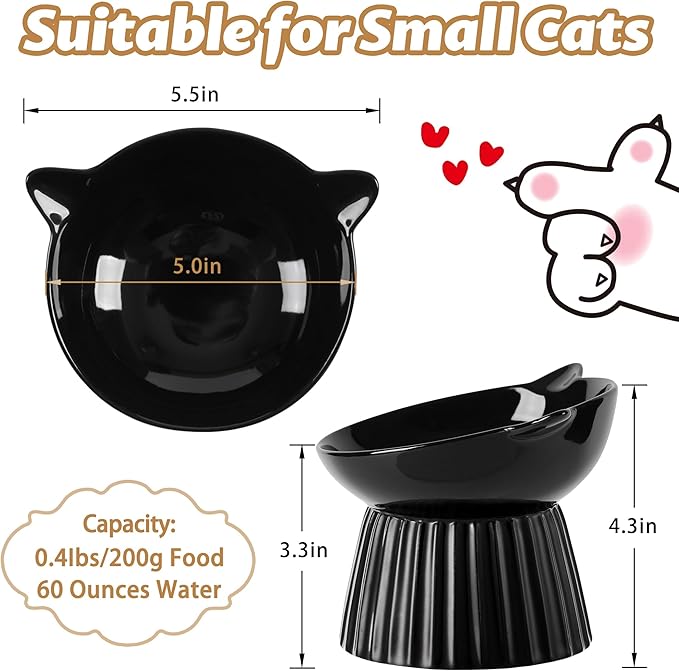 Ceramic Raised Cat Bowl，Tilted Raised Bowl Anti Vomit for Indoor Cats Whisker Friendly Pet Feeder for Cats Puppies, Microwave and Dishwasher Safe (Black)