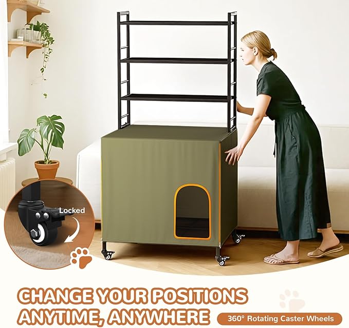 Lekereise Large Hidden Litter Box Furniture, Cat Litter Box Enclosure with Removable Waterproof Cover, Kitty Litter Box Furniture with 3-Tier Adjustable Shelves Storage and Wheels (70.87”H, Green)