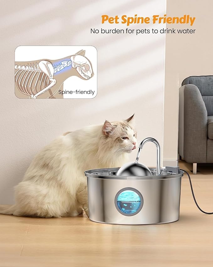 AONBOY Cat Water Fountain with Water Level Window, 108oz/3.2L Cat Fountain Stainless Steel, 6Filters + 3Sponge Filters, Faucet Shape Dog Water Fountain, Double Noise Reduction Design, Multi Filtration