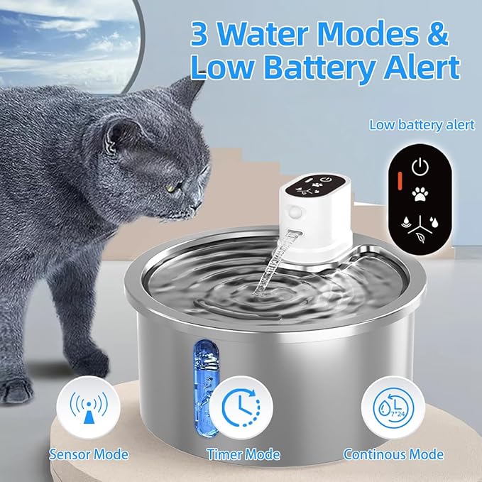Stainless Steel Wireless Cat Water Fountain 3.2L/108oz Automatic Cat Water Dispenser 4000mAh Battery Operated Large Capacity Pet Water Fountains for Cats Dogs