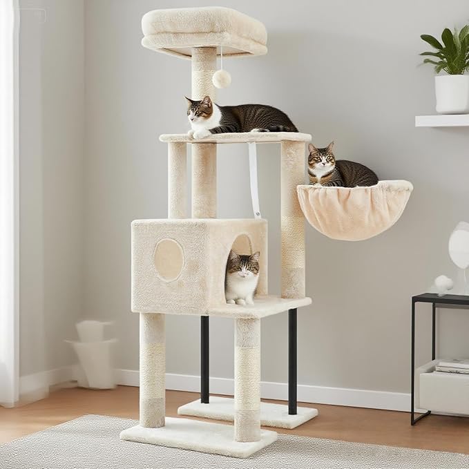 Heybly Cat Tree, 49.2 Inches Cat Tower for Indoor Cats, Spacious Cat House Condo with Hidden Space，Sturdy Steel Tube，Soft Plush Top Perch，Cozy Hammock and Sisal Scratching Posts, Beige HCT200SM