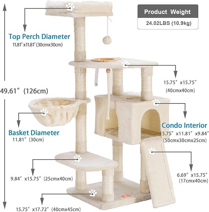 Heybly Cat Tree, Cat Tower for Indoor Cats with Scratching Board, Multi-Level Cat Furniture Condo with Feeding Bowl, Beige HCT010M