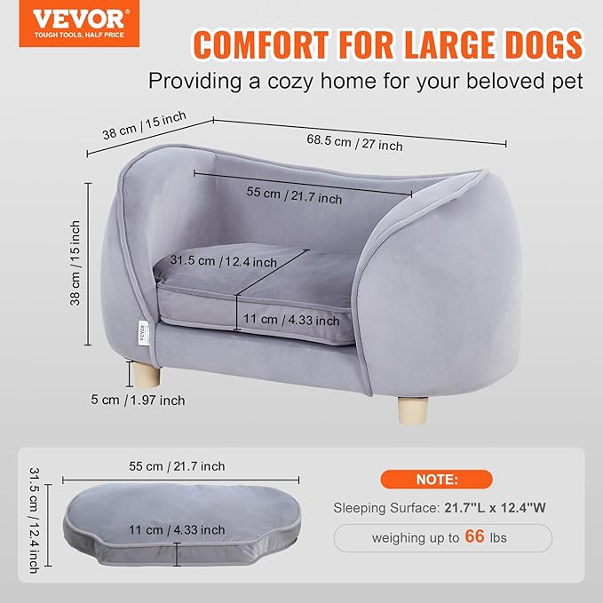 VEVOR Dog Bed, Dog Couch Pet Sofa for Small Dogs and Cats, Soft Velvety Washable Pet Couch and Chair, 60 lbs Load Capacity, Gray