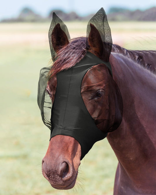 JWODVNTH Fly Masks for Horses with Ears - Large Eye Space, Comfort, UV-Block - Horse Fly Mask for Daily Stable, Hot Weather Riding, and Competition - Full, Black