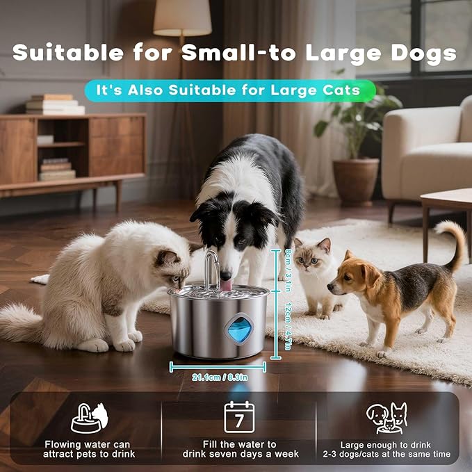 Pawdrate 3.2L/108oz Stainless Steel Dog Water Fountain, Automatic Pet Water Bowl Dispenser with Quadruple Filtration, Ultra-Quiet Circulating Cat and Dog Drinking Fountain