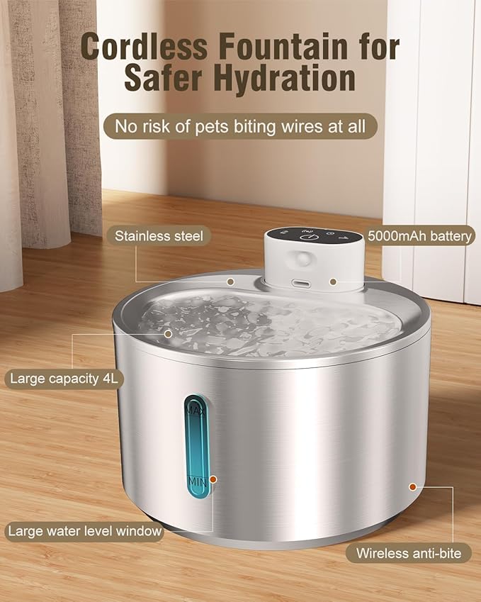 QANYI Wireless Cat Water Fountain Stainless Steel, 140oz/4L Cat Drinking Fountain Large Battery Operated with 3 Filters, Cordless Pet Water Fountain for Cats Dogs Indoor with Motion Sensor