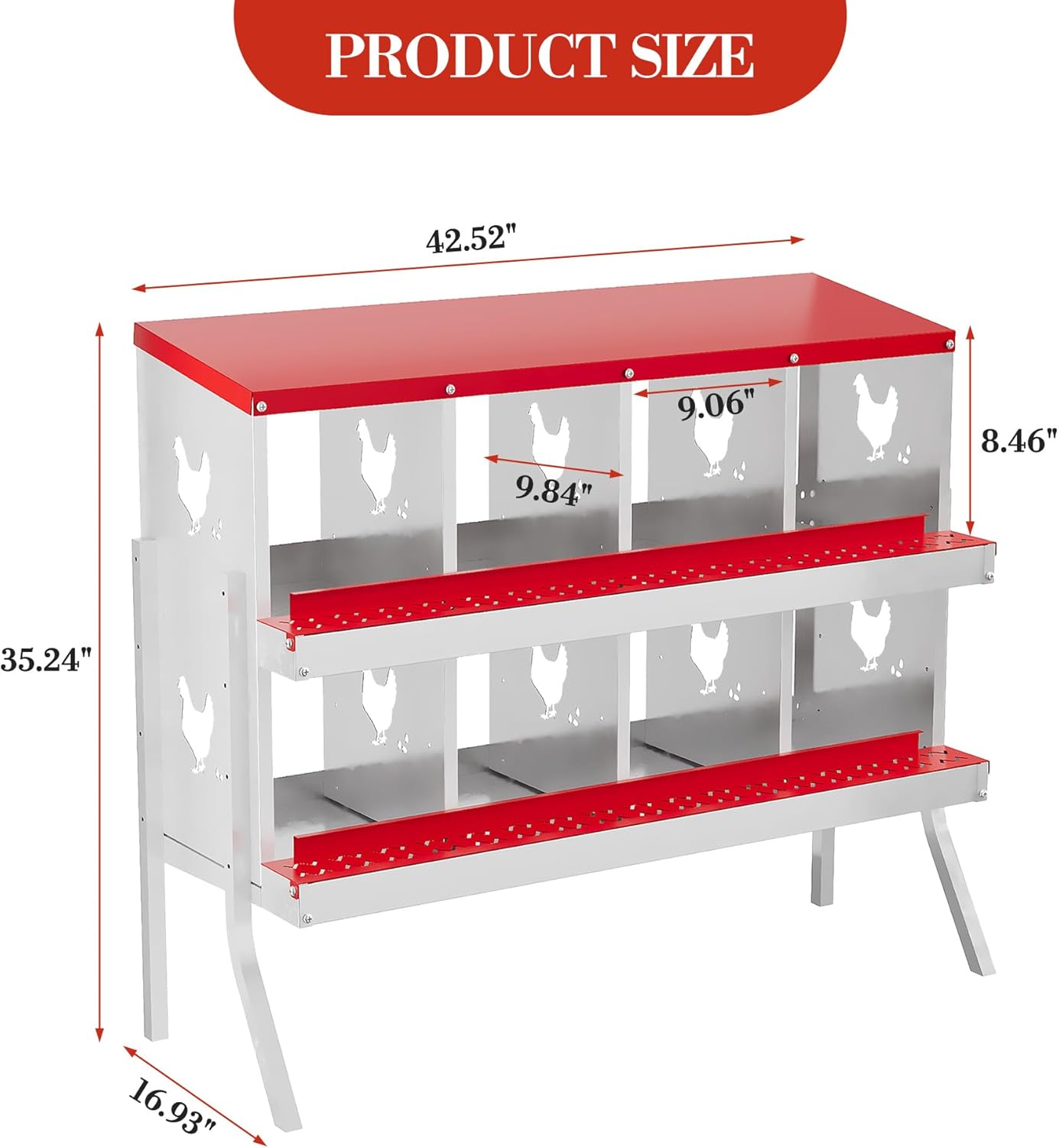 8 Hole Chicken Nesting Box with Roll Out Egg Tray, Rustproof & Ventilated Chicken Laying Boxes for Hens, Chickens, Ducks | Easy-Clean Poultry Coop Accessories, Red with Stand