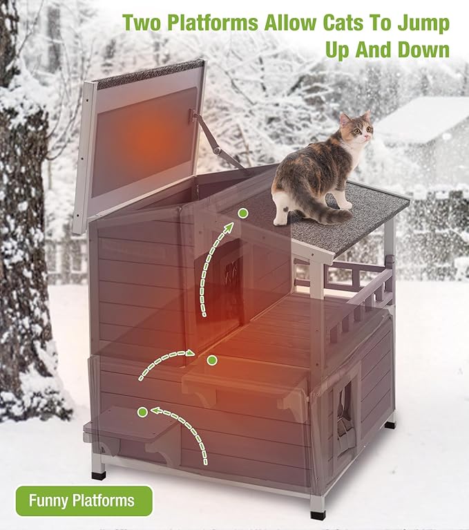 GUTINNEEN Insulated Cat House Outdoor for Winter, Wooden Weatherproof Outside Feral Cat Shelter with Liner, Large Balcony, Escape Door, PVC Door Strip, for Outdoor & Indoor