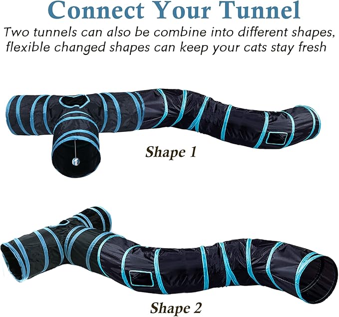 Cat Tunnel Tube, Long Collapsible Tunnels Indoor with Peek Hole, 2pack S-Shaped & 3Way Tubes Maze Play Toy Black for Cat Kitten Kitty Rabbit