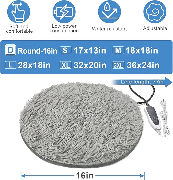 Cat Heating Pad, 16 in Round Pet Heating Pad,Cat Blankets for Indoor Cats Smart Temperature Control Switch Electric Steel Wire Protection Tube Plush Fabric Cover - Grey