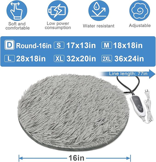 Cat Heating Pad, 16 in Round Pet Heating Pad,Cat Blankets for Indoor Cats Smart Temperature Control Switch Electric Steel Wire Protection Tube Plush Fabric Cover - Grey
