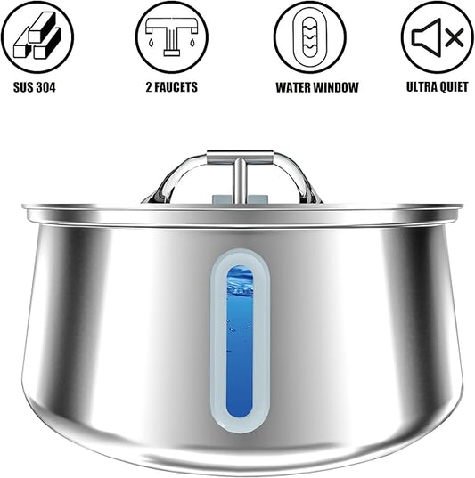 Stainless Steel Cat Water Fountain,Pet Water Fountain 4L/135oz Large Capacity,Dog Water Dispenser with Water Level Window, Multiple Filtration, Quiet Automatic Pet Fountain Easy Clean,2Faucet