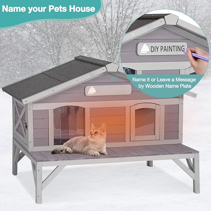 Outdoor Cat House with Insulated Liner,Weatherproof Outside Feral Kitten Shelter for Winter,Wooden Cat Codons with Large Balcony
