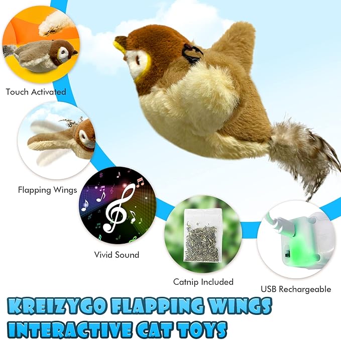 Cat Toys, Flapping Wings Sparrow, No Flying, Chirping Bird Interactive Catnip Toy for Kitten or Small Dogs, Touch Activated, Rechargeable