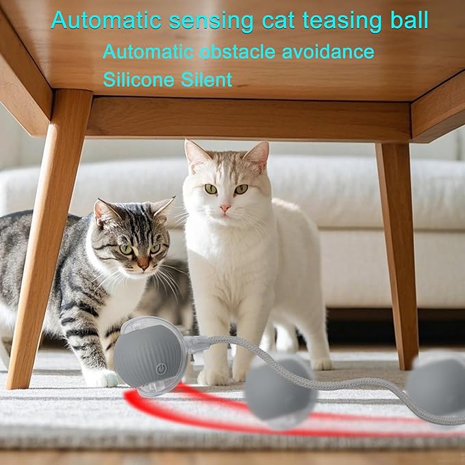 Interactive Cat Dog Toy Ball: Indoor Small Automatic Moving Smart Rolling Fun Pet Game with Led Light and String Tail for Motion Activated, Cute Kitten Puppy Present, Exercise Wheel Supplies (Grey)